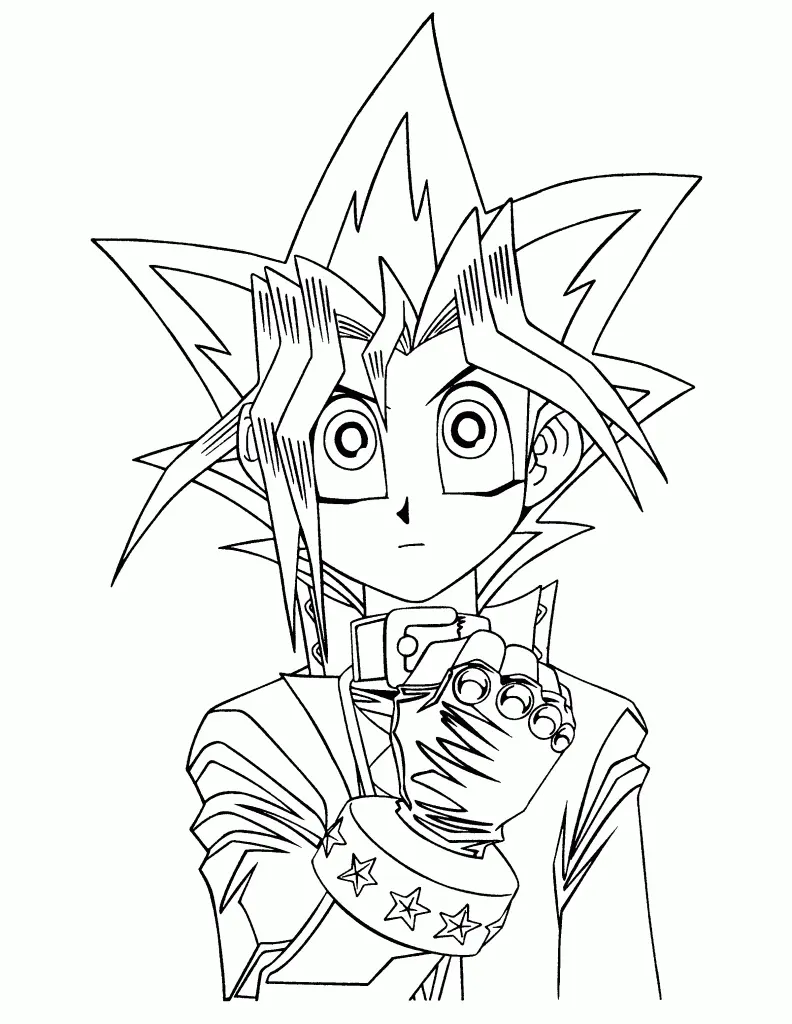 Desenho de contorno em preto e branco do busto de Yugi Muto, mostrando seu cabelo espetado, grandes olhos e mão fechada em frente ao peito.