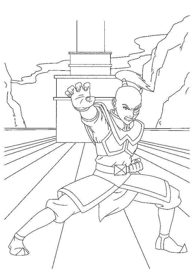 Desenho de contorno em preto e branco do Príncipe Zuko de Avatar fazendo uma pose de artes marciais com o punho estendido, em um cenário de navio com montanhas ao fundo.