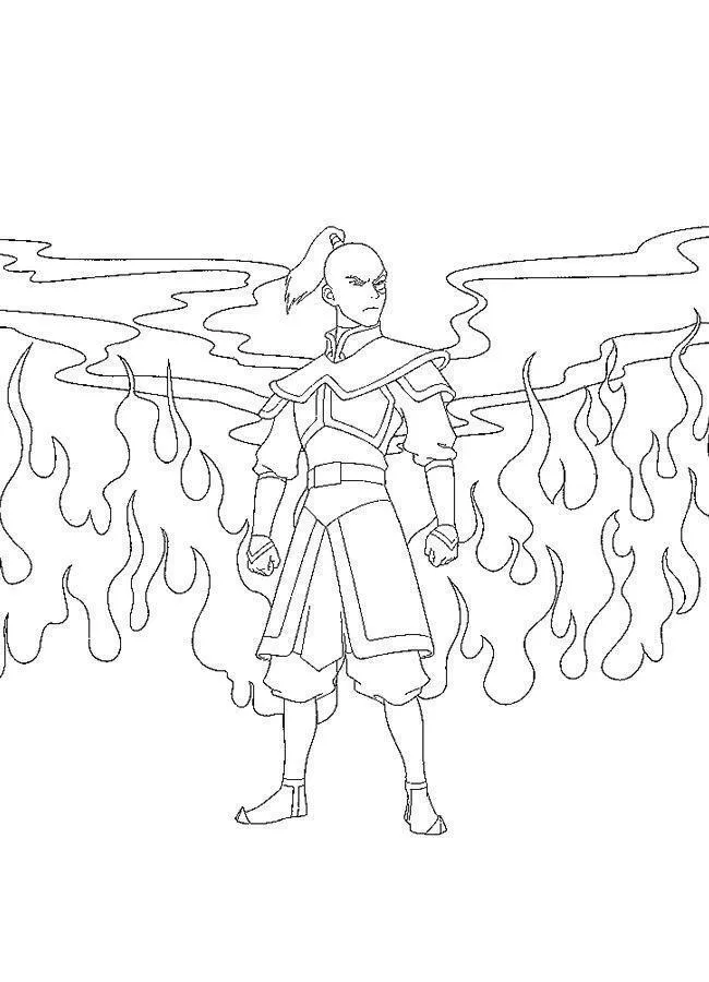 Desenho de contorno em preto e branco do Príncipe Zuko de Avatar, em pé com punhos cerrados, cercado por grandes labaredas de fogo ao fundo.