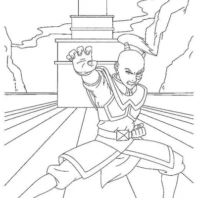 Desenho de contorno em preto e branco de Zuko, de Avatar, em pé no convés de um navio, segurando uma luneta longa com ambas as mãos e olhando pelo visor.