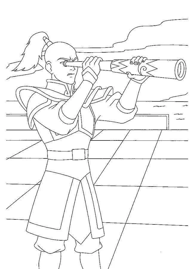 Desenho de contorno em preto e branco do Príncipe Zuko de Avatar segurando um longo telescópio ornamentado, usando armadura da Nação do Fogo no convés de um navio.