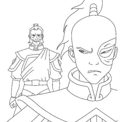 Desenho de contorno em preto e branco de Zuko com sua cicatriz característica em destaque e Iroh ao fundo, ambos vestindo trajes da Nação do Fogo.