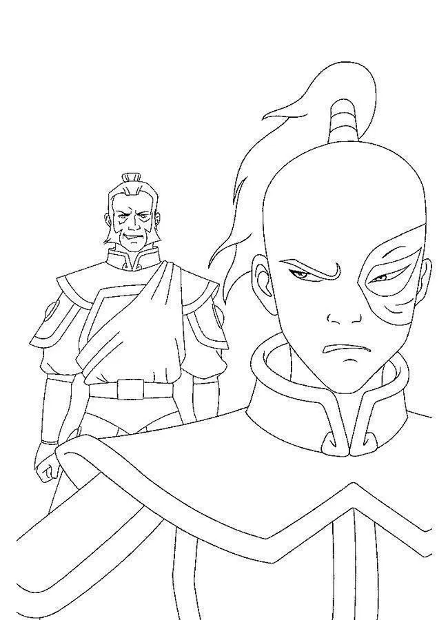 Desenho de contorno em preto e branco do Príncipe Zuko em primeiro plano com expressão séria e Tio Iroh observando ao fundo.